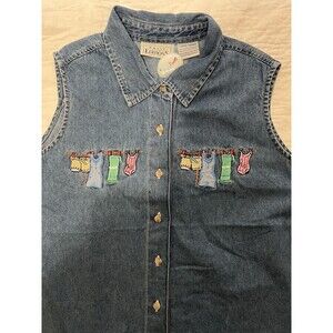 Vintage 90s Denim 100% Cotton Embroidered Sleeveless Button Down L
